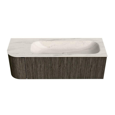 MONDIAZ KURVE-DLUX Meuble de salle de bains 135cm arrondi à gauche couleur Shadow avec 1 tiroir et 1 porte. Lavabo BIG MEDIUM à droite 1 trou de robinet Meli.