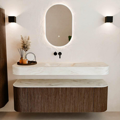 MONDIAZ THOR-DLUX 150cm badmeubel ronding links + rechts kleur Walnut met 1 lade en 2 deuren. Vrijhangende wastafel CLOUD Midden zonder kraangat kleur Ostra.