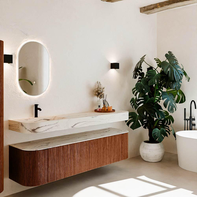 MONDIAZ THOR-DLUX 180cm meuble de salle de bains arrondi gauche + droite couleur Ruby avec 2 tiroirs et 2 portes. Vasque suspendue CLOUD Gauche 1 trou de robinet couleur Nata.