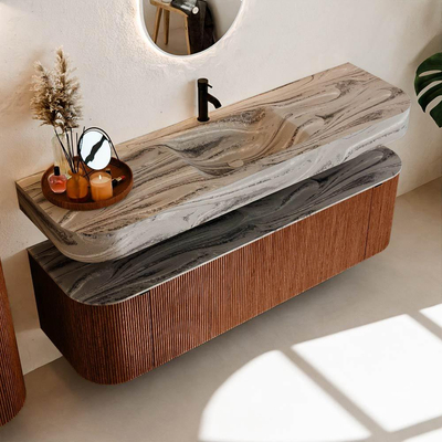 MONDIAZ THOR-DLUX 160cm meuble de salle de bains arrondi gauche + droite couleur Ruby avec 1 tiroir et 2 portes. Vasque suspendue CLOUD Milieu 1 trou de robinet couleur Sombra.