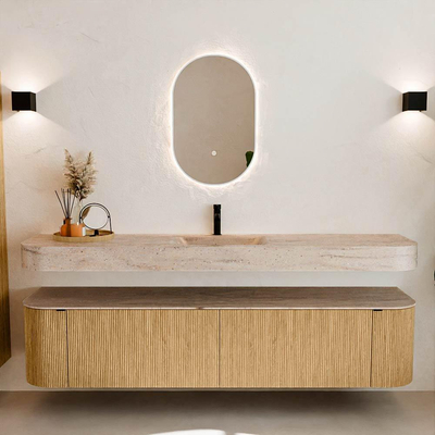 MONDIAZ THOR-DLUX 200cm meuble de salle de bains arrondi gauche + droite couleur Chêne avec 2 tiroirs et 2 portes. Vasque suspendue CLOUD Milieu 1 trou de robinet couleur Saba.