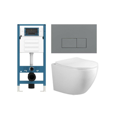 FugaFlow Eccelente Press Toiletset - 48.5x36x32cm - diepspoel - spoelrandloos - inbouwreservoir - softclose - quickrelease - toiletzitting - licht grijze kunststof bedieningsplaat - rechthoekige knoppen - wit
