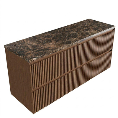 Saniclass Holz Atelier Ensemble meuble de salle de bains - 140x45x63cm - plan de travail en pierre naturelle Noche Dark Emperador - 2 trous de robinet - 4 tiroirs - noyer pur mat (bois)