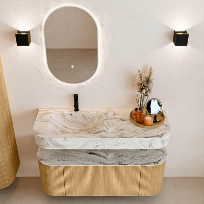 MONDIAZ THOR-DLUX 120cm badmeubel ronding links + rechts kleur Oak met 1 lade en 2 deuren. Vrijhangende wastafel CLOUD Links 1 kraangat kleur Glace.