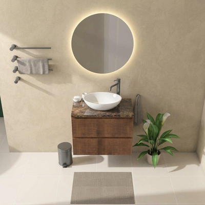 Saniclass Holz Atelier Ensemble meuble de salle de bains - 80x45x63cm - Plan en pierre naturelle Noche dark emperador - 1 trou de robinet - 2 tiroirs - mat walnut pure (bois)