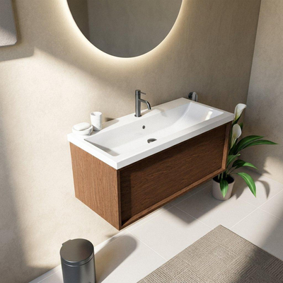 Saniclass Holz Frame Ensemble meuble de salle de bains - 100x45x43.5cm - Lavabo en céramique Bari blanc - 1 vasque - 1 trou de robinetterie - 1 tiroir - walnut pure mat (bois)