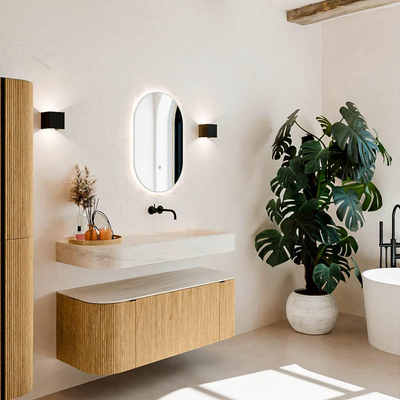 MONDIAZ THOR-DLUX Meuble de salle de bains 120cm arrondi gauche + droite couleur Oak avec 1 tiroir et 2 portes. Vasque suspendue CLOUD Droite sans trou de robinet couleur Meli.