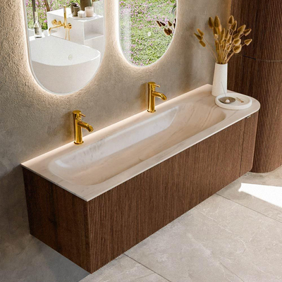 MONDIAZ KURVE-DLUX 145cm badmeubel ronding Rechts kleur Walnut met 1 lade en 1 deur. Wastafel BIG LARGE Links 2 kraangaten Meli.
