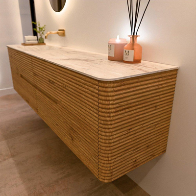 Mondiaz CIRO-DLUX Meuble de salle de bains - 190x45x50cm - plan-vasque solid surface Frappe - 1 vasque à gauche - sans trous de robinetterie - 4 tiroirs - chêne