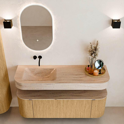 MONDIAZ THOR-DLUX 140cm badmeubel ronding links + rechts kleur Oak met 1 lade en 2 deuren. Vrijhangende wastafel CLOUD Links zonder kraangat kleur Saba.