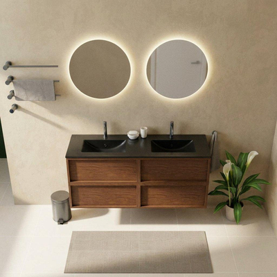 Saniclass Holz Frame Ensemble de meubles de salle de bains - 140x45x62cm - lavabo Vygo en céramique noir - 2 vasques - 2 trous de robinetterie - 4 tiroirs - walnut pure mat (bois)