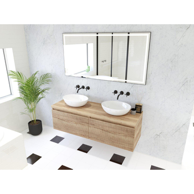 HR Matrix 3d meuble de salle de bain 140cm 2 tiroirs sans poignée avec bandeau couleur chêne français avec dessus chêne français