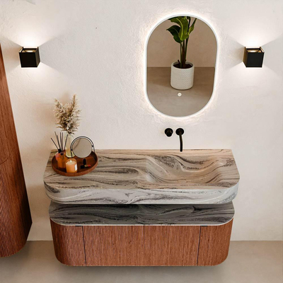 MONDIAZ THOR-DLUX 130cm meuble de salle de bains arrondi gauche + droite couleur Ruby avec 1 tiroir et 2 portes. Vasque suspendue CLOUD Droite sans trou de robinet couleur Sombra.