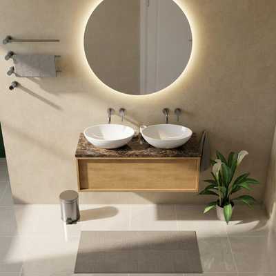 Saniclass Holz Frame Ensemble de meubles de salle de bains - 120x45x43cm - Plan de travail en pierre naturelle Noche dark emperador - sans trou de robinet - 1 tiroir - chêne natural mat (bois)