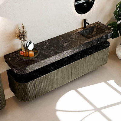 MONDIAZ THOR-DLUX Meuble de salle de bains 200cm arrondi gauche + droite couleur Shadow avec 2 tiroirs et 2 portes. Vasque suspendue CLOUD Droite 1 trou de robinet couleur Lava.