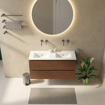 Saniclass Holz Pure Ensemble meuble de salle de bains - 120x45x62cm - lavabo en céramique Vygo blanc - 2 vasques - sans trous de robinet - 4 tiroirs - walnut pure mat (bois)