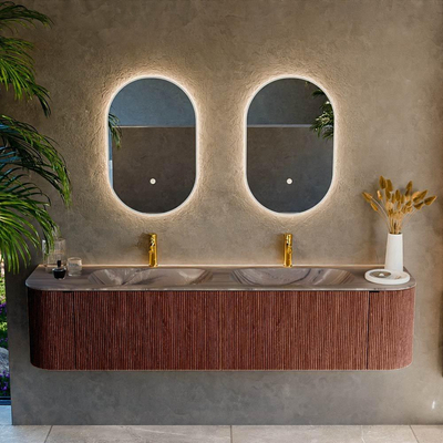 MONDIAZ KURVE-DLUX 190cm meuble de salle de bains arrondi Gauche + Droite couleur Ruby avec 2 tiroirs et 2 portes. Lavabo STOR SMALL Double 2 trous de robinet Sombra.