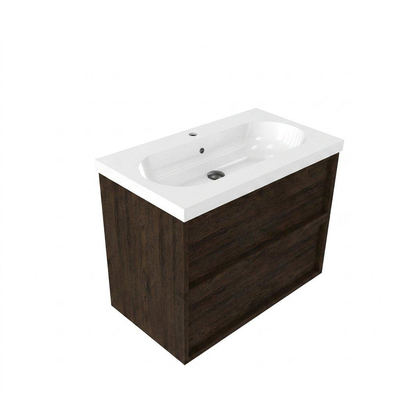 Saniclass Holz Frame Ensemble meuble de salle de bains - 80x45x63.5cm - lavabo en céramique Palermo blanc - 1 vasque - 1 trou de robinet - 2 tiroirs - chêne charcoal mat (bois)