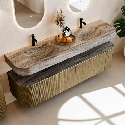 MONDIAZ THOR-DLUX 180cm meuble de salle de bains arrondi gauche + droite couleur Dusk avec 2 tiroirs et 2 portes. Vasque suspendue CLOUD Double 2 trous de robinet couleur Oza.