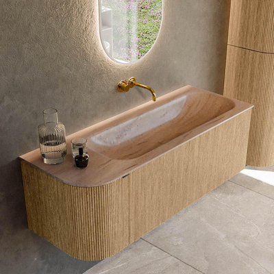 MONDIAZ KURVE-DLUX Meuble de salle de bains 125cm arrondi Gauche couleur Chêne avec 1 tiroir et 1 porte. Lavabo BIG MEDIUM Droite sans trou de robinet Saba.