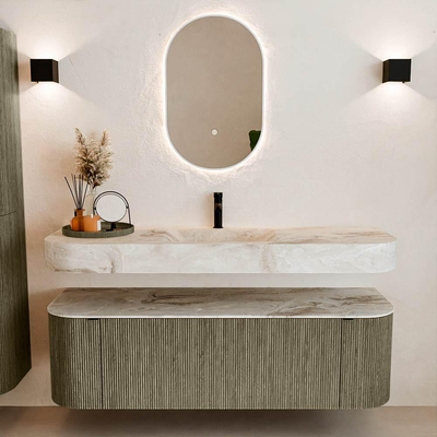 MONDIAZ THOR-DLUX 150cm meuble de salle de bains arrondi gauche + droite couleur Shadow avec 1 tiroir et 2 portes. Vasque suspendue CLOUD Milieu 1 trou de robinet couleur Frappe.