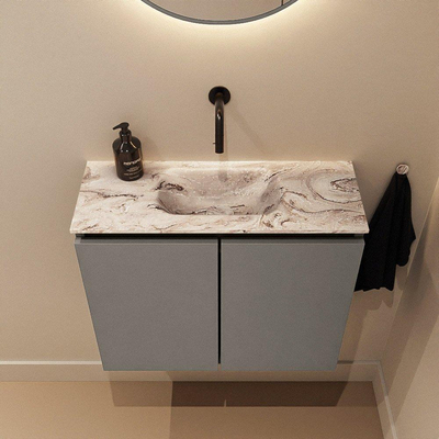 MONDIAZ TURE-DLUX Meuble toilette - 60cm - Smoke - EDEN - vasque Glace - position centrale - sans trou de robinet