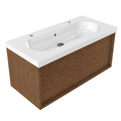 Saniclass Holz Frame Ensemble de meubles de salle de bains - 100x45x43.5cm - lavabo en céramique Palermo blanc - 1 vasque - 2 trous de robinet - 1 tiroir - walnut pure mat (bois)