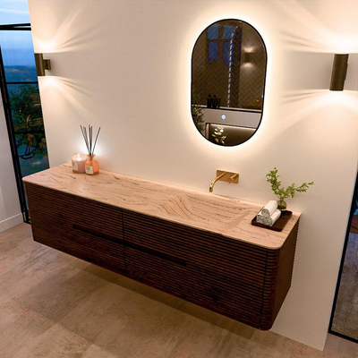 Mondiaz CIRO-DLUX Ensemble de meubles de salle de bains - 190x45x50cm - Plan vasque en solid surface Arena - 1 vasque à droite - sans trous de robinet - 4 tiroirs - Noyer
