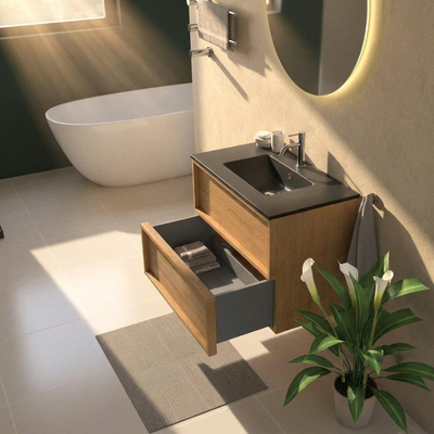 Saniclass Holz Frame Ensemble meuble de salle de bains - 80x45x62cm - Vygo lavabo en céramique noir - 1 vasque - 1 trou de robinet - 2 tiroirs - chêne natural mat (bois)