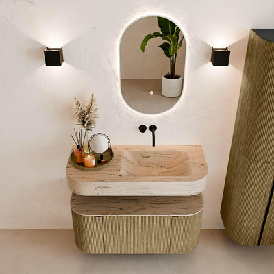 MONDIAZ THOR-DLUX 100cm meuble de salle de bains arrondi gauche + droite couleur Dusk avec 1 tiroir et 2 portes. Vasque suspendue CLOUD droite sans trou de robinet couleur Arena.