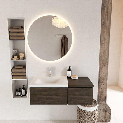 MONDIAZ BUKLA 100cm badmeubel met module 40 kleur Dark Brown met 2 lades. Wastafel CLOUD links 1 kraangat kleur Talc.