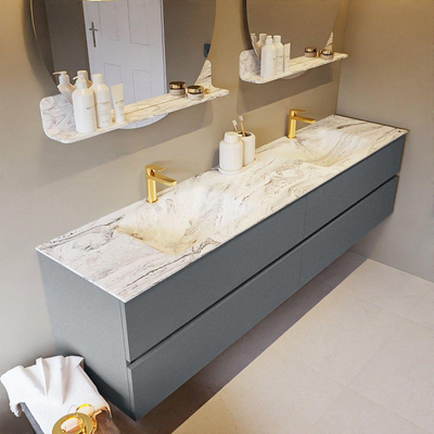 MONDIAZ VICA-DLUX Ensemble meuble de salle de bains - 200cm - meuble bas plata - 4 tiroirs - lavabo encastré cloud double - 2 trous de robinet - version hauteur 60cm - glace
