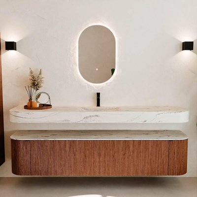 MONDIAZ THOR-DLUX 200cm meuble de salle de bains arrondi gauche + droite couleur Ruby avec 2 tiroirs et 2 portes. Vasque suspendue CLOUD Milieu 1 trou de robinet couleur Nata.