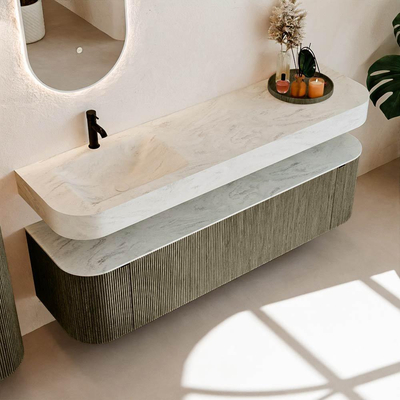 MONDIAZ THOR-DLUX Meuble de salle de bains 170cm arrondi gauche + droite couleur Shadow avec 1 tiroir et 2 portes. Vasque suspendue CLOUD Gauche 1 trou de robinet couleur Opalo.