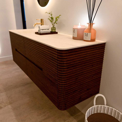 Mondiaz CIRO-DLUX Meuble de salle de bains - 150x45x50cm - Plan vasque Solid surface Meli - 1 lavabo à gauche - 1 trou de robinet - 4 tiroirs - Ruby