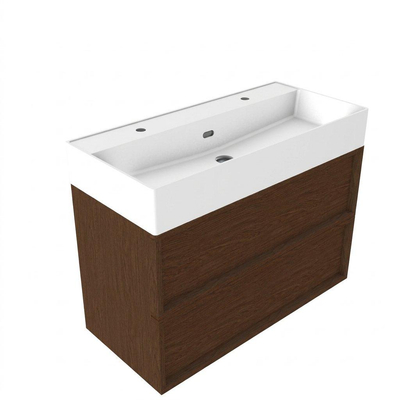 Saniclass Holz Frame Ensemble meuble de salle de bains - 100x45x72cm - Legend lavabo en céramique blanc mat - 1 vasque - 2 trous de robinetterie - 2 tiroirs - walnut pure mat (bois)