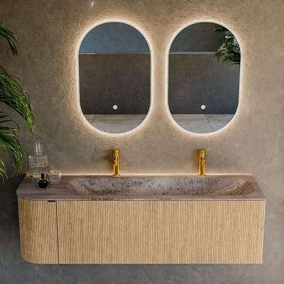 MONDIAZ KURVE-DLUX 145cm badmeubel ronding Links kleur Oak met 1 lade en 1 deur. Wastafel BIG LARGE Rechts 2 kraangaten Oza.