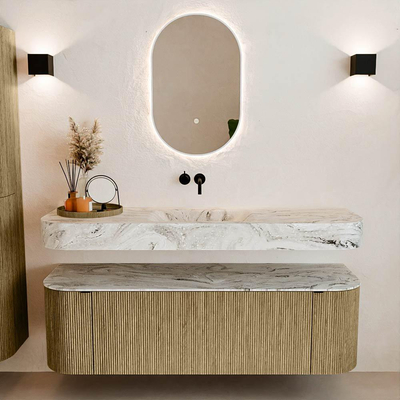 MONDIAZ THOR-DLUX 150cm meuble de salle de bains arrondi gauche + droite couleur Dusk avec 1 tiroir et 2 portes. Vasque suspendue CLOUD Milieu sans trou de robinet couleur Glace.