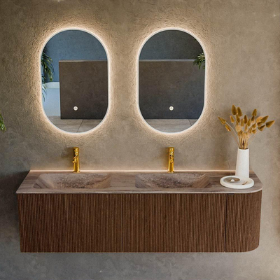 MONDIAZ KURVE-DLUX Meuble de salle de bains 155cm arrondi à droite couleur Walnut avec 2 tiroirs et 1 porte. Lavabo LEAF Double / à gauche 2 trous de robinet Oza.