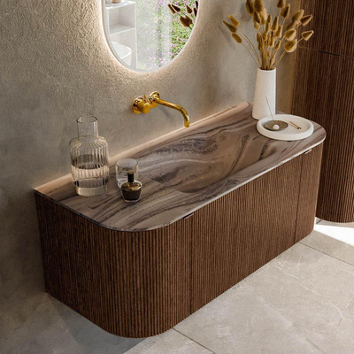 MONDIAZ KURVE-DLUX 110cm badmeubel ronding Links + Rechts kleur Walnut met 1 lade en 2 deuren. Wastafel CLOUD Midden zonder kraangat Sombra.