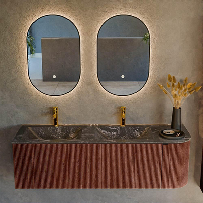 Mondiaz KURVE-DLUX Badkamermeubelset - 145x46x40cm - 1 lade - 1 deur - wastafel solid surface - dubbel / links - 2 kraangaten - Ruby