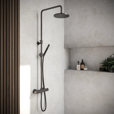 Hotbath Cobber ensemble de douche à effet pluie thermostatique avec tête de douche ronde 20 cm douchette à main barre fer vieilli