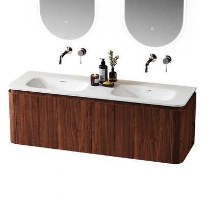 Saniclass Terra Wastafelonderkast - 140cm - 4 lades - wastsafel solid surface - 2 wasbakken - zonder kraangaten - afgeronde hoeken - kastanje (walnoot)