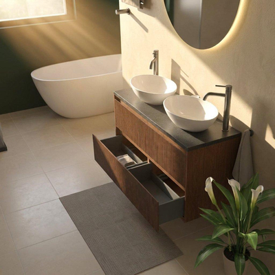 Saniclass Holz Atelier Ensemble meuble de salle de bains - 120x45x63cm - Plan vasque en basalte Noche poli (noir) - 2 trous de robinet - 2 tiroirs - walnut pure mat (bois)