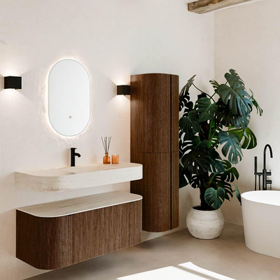 MONDIAZ THOR-DLUX 110cm badmeubel ronding links + rechts kleur Walnut met 1 lade en 2 deuren. Vrijhangende wastafel CLOUD Midden 1 kraangat kleur Meli.