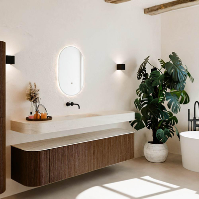 MONDIAZ THOR-DLUX Meuble de salle de bains - 190cm - arrondi gauche + droite - couleur Walnut - 2 tiroirs et 2 portes - Vasque suspendue CLOUD Milieu sans trou de robinet couleur Meli