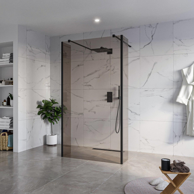 FugaFlow Eccelente Vetro Douche à l'italienne - 110x200cm - verre fumé - anticalcaire - verre de sécurité 8mm - 2 parois latérales 30cm - avec bras muraux et profilés d'angle - Noir mat