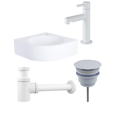 QeramiQ Fuente ensemble de lave-mains - 30x30x10cm - 1 trou de robinet - angle - céramique - robinet de lave-mains blanc mat - blanc brillant