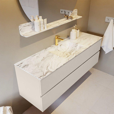 Mondiaz VICA-DLUX Ensemble de meuble de salle de bain - 150cm - meuble sous-vasque lin - 2 tiroirs - lavabo encastrée nuage milieu - 1 trou de robinet - version haute de 60cm - glace