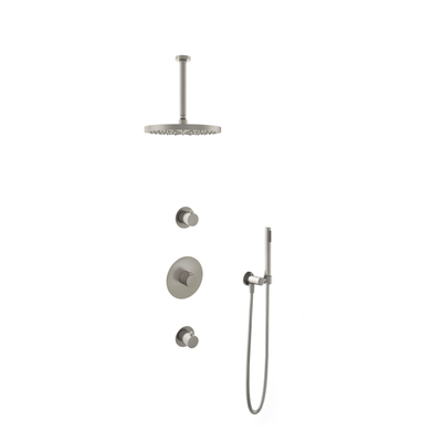 Hotbath Buddy Ensemble de douche de tête IBS - bras de plafond 30 cm - douche de tête ronde 30 cm - douchette à main barre - nickel brossé